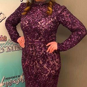 MacDuggal Fully beaded long sleeve purple gown